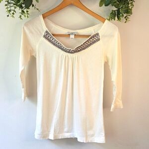 LOFT Cream Top with Embroidered Detail Ans Three Quarter Sleeves